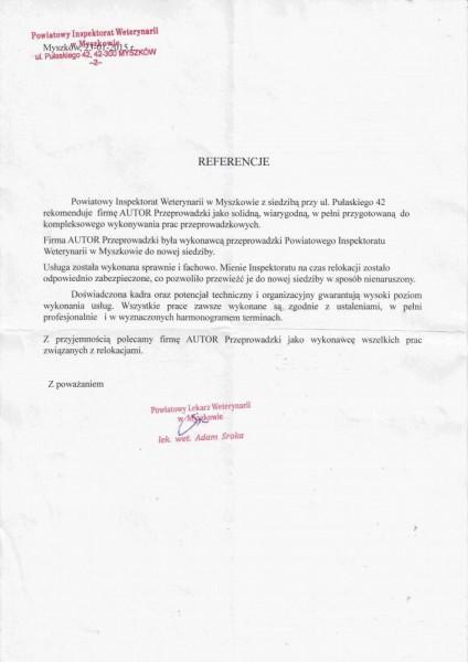 Powiatowy Inspektorat Weterynarii w Myszkowie referencje